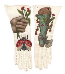 15" x 14.5", Antique gloves and Thread Painting, 2024