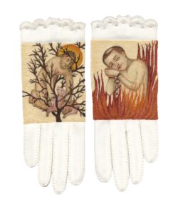 18" x 15", Antique gloves and Thread Painting, 2024